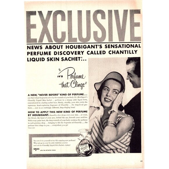 1952 Houbigant Chantilly Liquid Skin Sachet Perfume Vintage Print Ad Wall Art - Picture 1 of 2